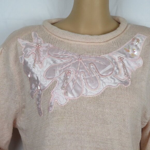 Vintage Sweater Shoulderpads 80s 90s Pastel Pink Floral Pearl Knit Cute Flower - Picture 4 of 7